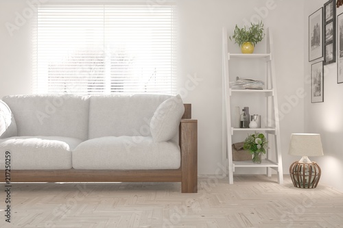 Idea of white minimalist room with sofa. Scandinavian interior design. 3D illustration
