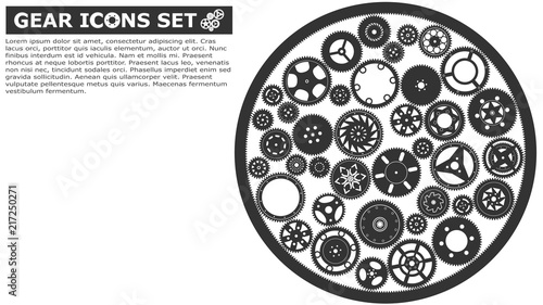 Simple flat style icons vector illustration. Set of gears with the same tooth size and degree. Easy to connect to each others within the set.