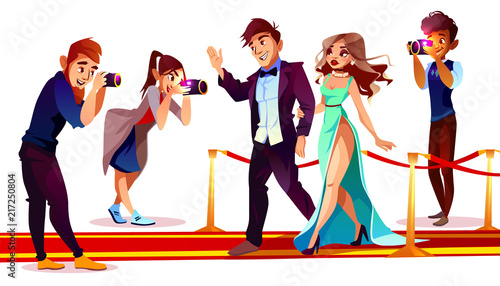 Vector cartoon couple of famous celebrities on red carpet with paparazzi isolated on white background. Photographers with cameras work with rich superstars for mass media on premiere, ceremony show.