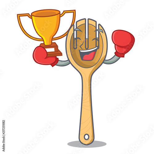 Boxing winner wooden fork mascot cartoon