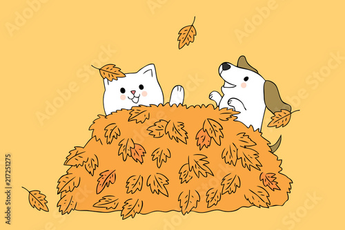 Cartoon cute Autumn cat and dog playing vector.
