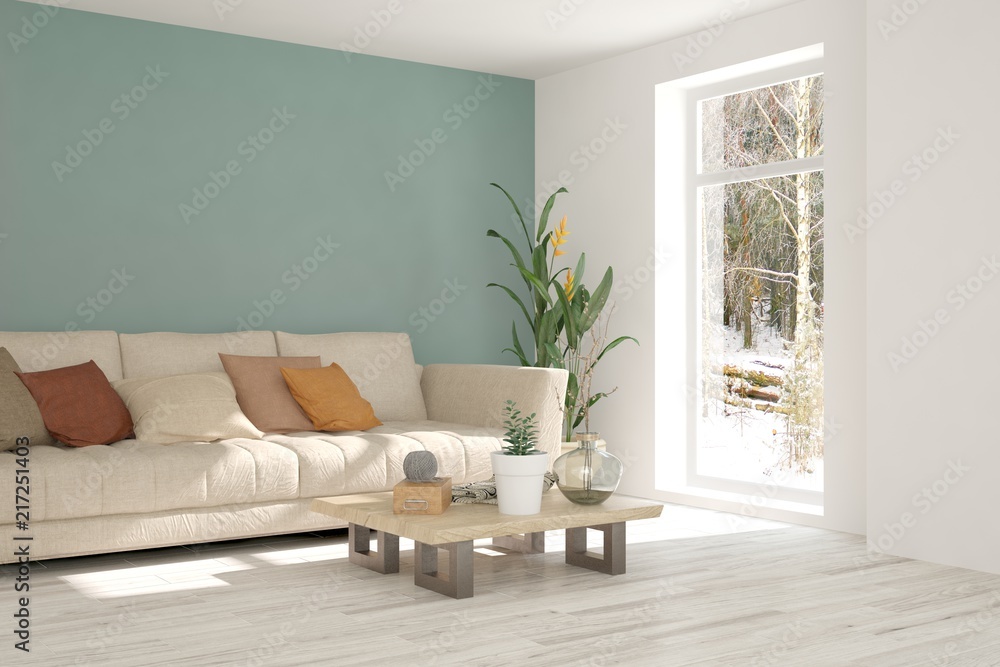 Idea of white minimalist room with sofa. Scandinavian interior design. 3D illustration Idea of white minimalist room with sofa. Scandinavian interior design. 3D illustration