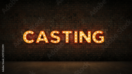 Neon Sign on Brick Wall background - Casting. 3d rendering photo