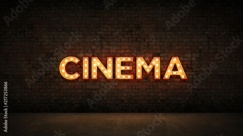 Neon Sign on Brick Wall background - Cinema. 3d rendering