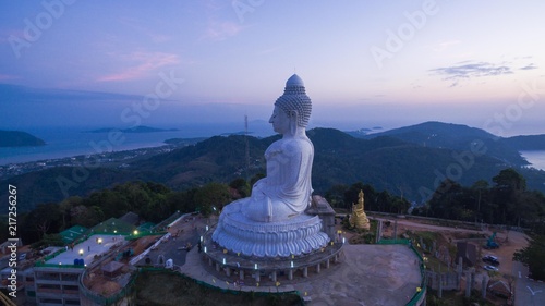 aerial photography blue sky and blue ocean are on the back of Phuket Big Buddha statue. .Phuket big Buddha the land mark of Phuket.every day 