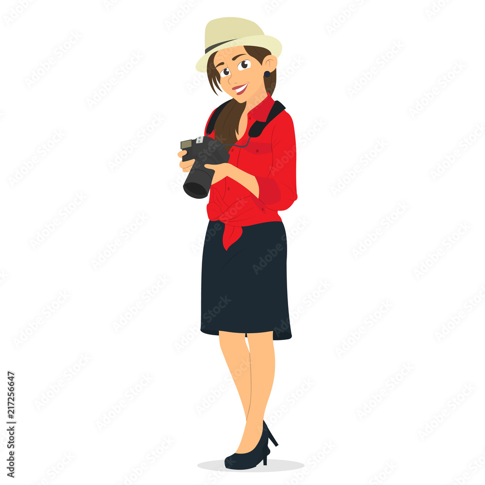 Woman photographer holding a camera on a white background. Woman photographer holding a camera on a white background.
