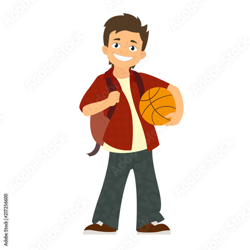 Schoolboy with backpack and basketball