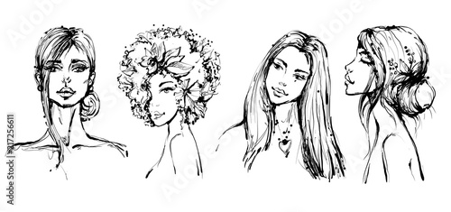 Beautiful fashion black and white girls portraits in sketchy style