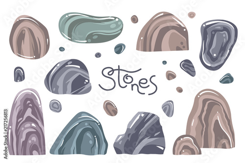 A set of different stones in the cartoon style. Isolated over white background rocks. Vector illustration
