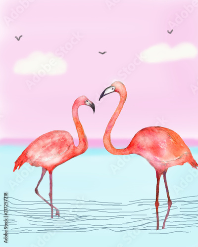 watercolor pink flamingo on a pink background in water