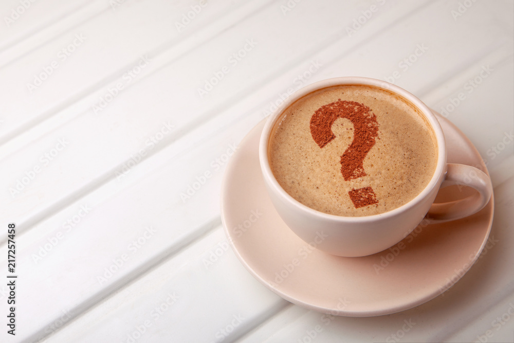 Cup of coffee with question mark on foam. I like coffee break Cup of coffee with question mark on foam. I like coffee break