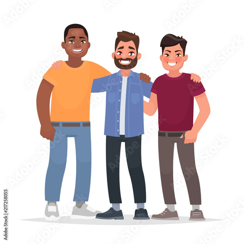 International friendship. African american, caucasian man and Asian together hugging