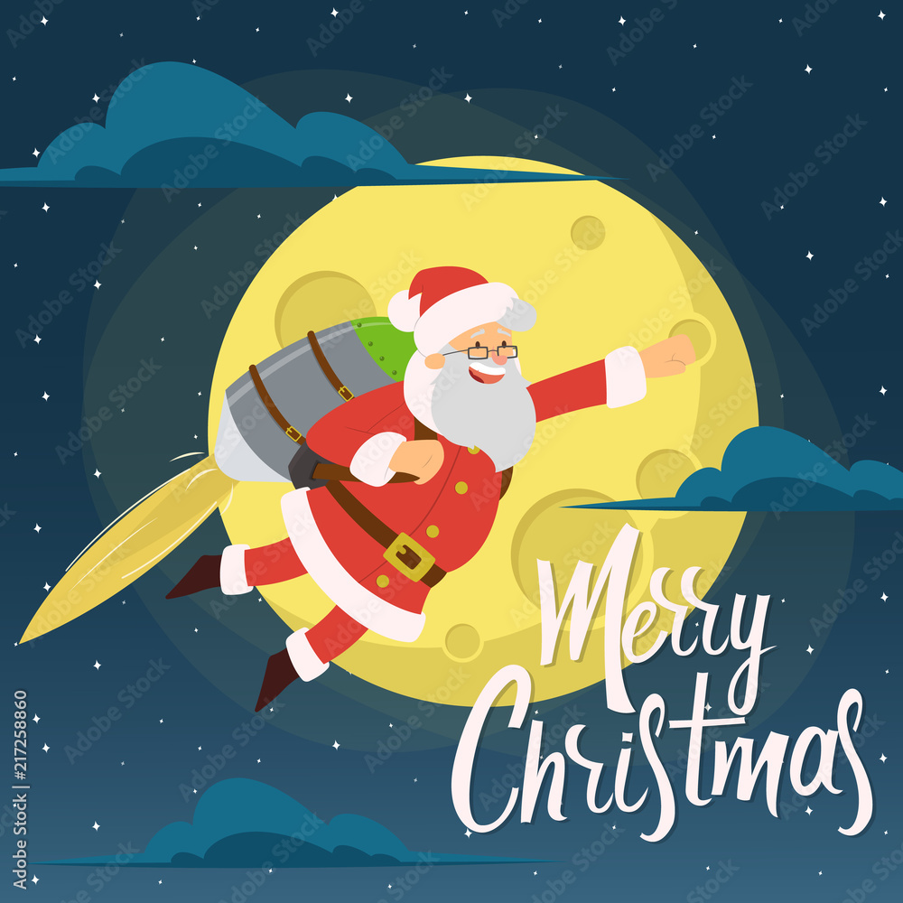 Naklejka premium Santa Claus is flying on jetpacks