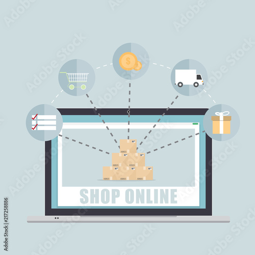 Flat design vector illustration concept for online ordering goods, e-commerce, laptop online shopping