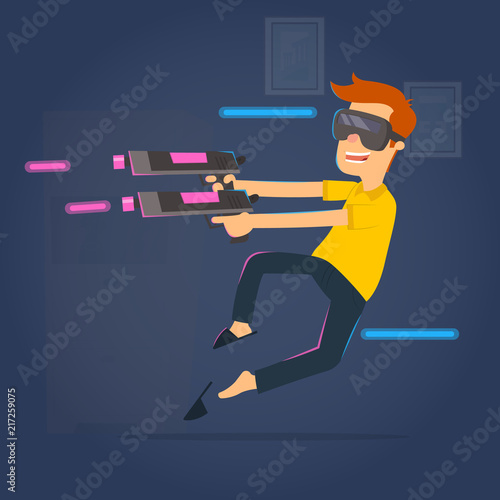 The boy uses virtual reality glasses to play active games.