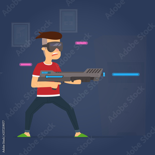 The boy uses virtual reality glasses to play active games.