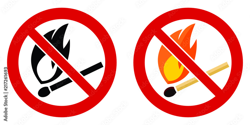 No open fire burning symbol. Match with flame in red crossed circle. No open fire burning symbol. Match with flame in red crossed circle.