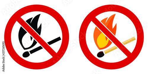 No open fire burning symbol. Match with flame in red crossed circle.
