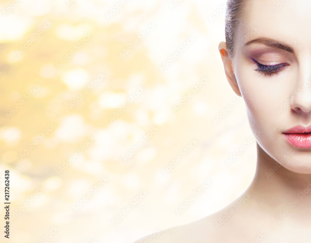 Portrait of young, natural and healthy woman over yellow autumn background. Healthcare, spa, makeup and face lifting concept. Portrait of young, natural and healthy woman over yellow autumn background. Healthcare, spa, makeup and face lifting concept.