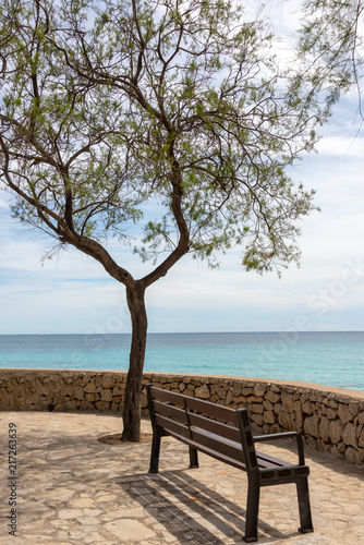 A bench and a single tree on the promenade in the holiday resort Cala Millor with a beautiful view of Mittelmerr on the Spanish Balearic island Mallorca in front of a radiant blue sky