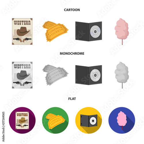 Western cinema, tickets, sweet cotton wool, film on DVD.Filmy and cinema set collection icons in cartoon,flat,monochrome style vector symbol stock illustration web.
