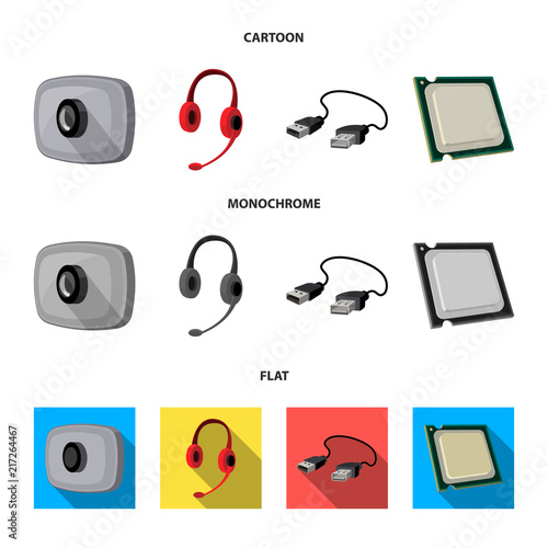 Webcam, headphones, USB cable, processor. Personal computer set collection icons in cartoon,flat,monochrome style vector symbol stock illustration web.