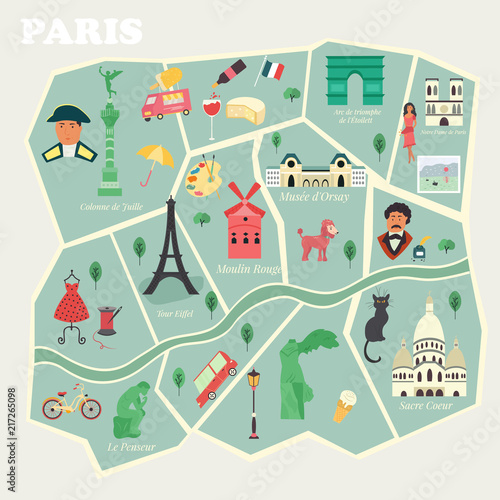 Map of Paris with streets and famous places
