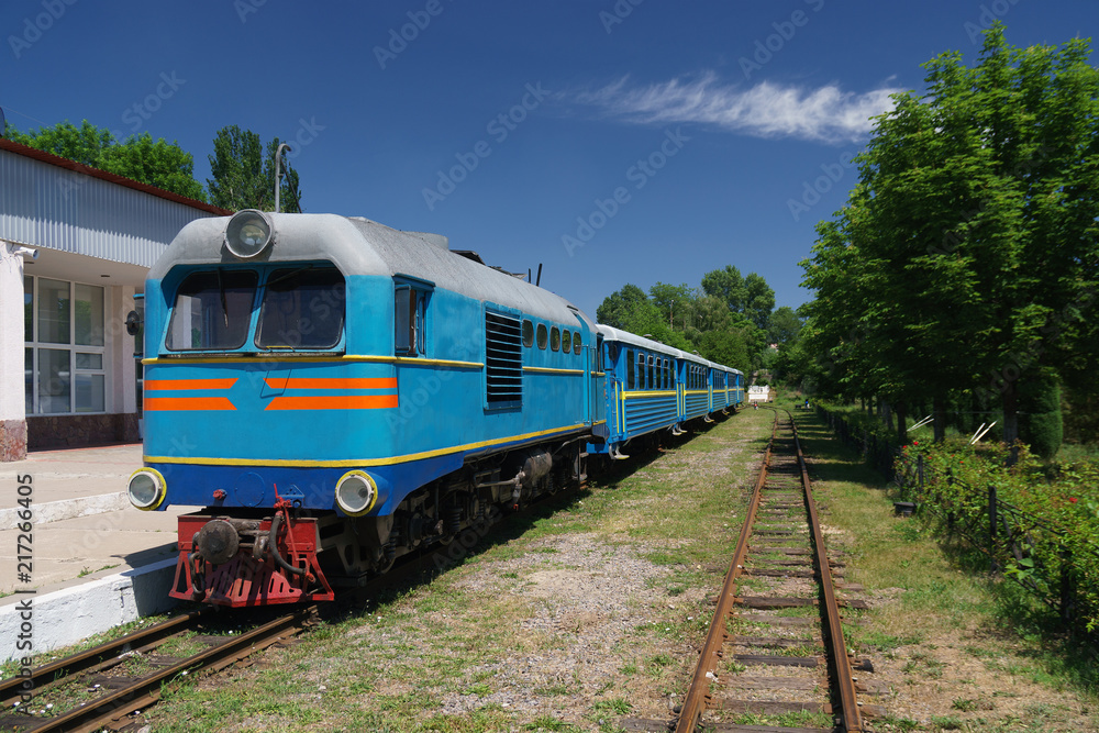 Suburban train travels by rail in Russia on a sunny day