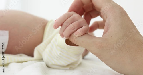 Wallpaper Mural Close-up shot of crop parent holding tiny hand of newborn baby lying on white Torontodigital.ca