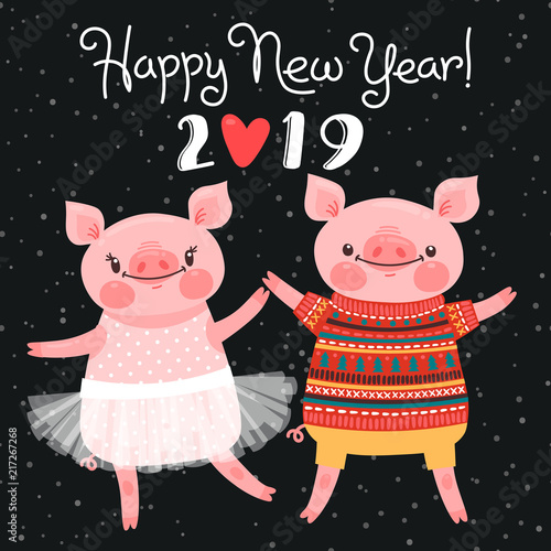 Happy 2019 New Year card. Couple of funny piglets congratulate on the holiday. Pig in ballet tutu and boar in sweater. Pig Chinese zodiac symbol of the year. Vector illustration in cartoon style