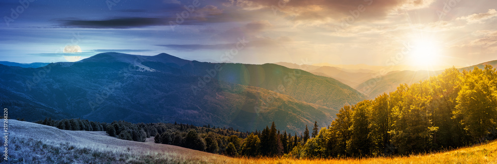 panorama of a day to night change concept in  mountainous landscape. lovely summer landscape - obrazy, fototapety, plakaty 