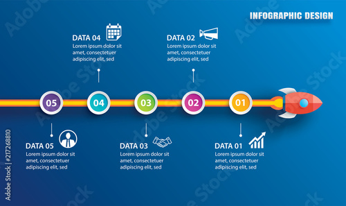 Startup infographic with 5 circle horizontal data template.Vector illustration abstract rocket paper art on blue background. Can be used for planning, strategy, workflow layout, business step