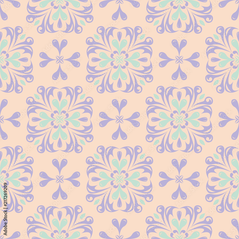 Floral seamless pattern. Beige background with violet and blue flower elements Floral seamless pattern. Beige background with violet and blue flower elements