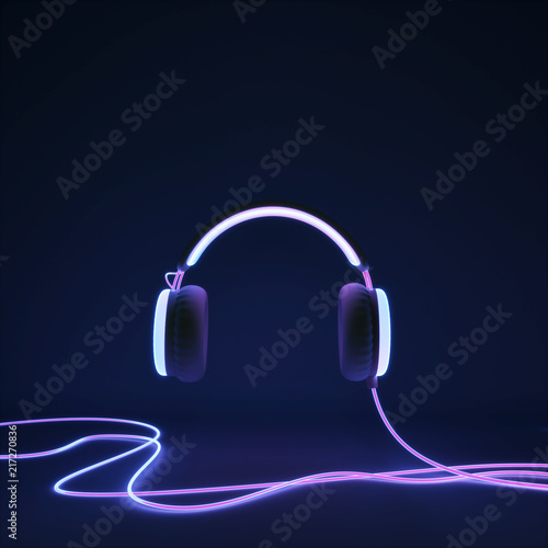 Glowing headphone neon on dark background. 3d render photo