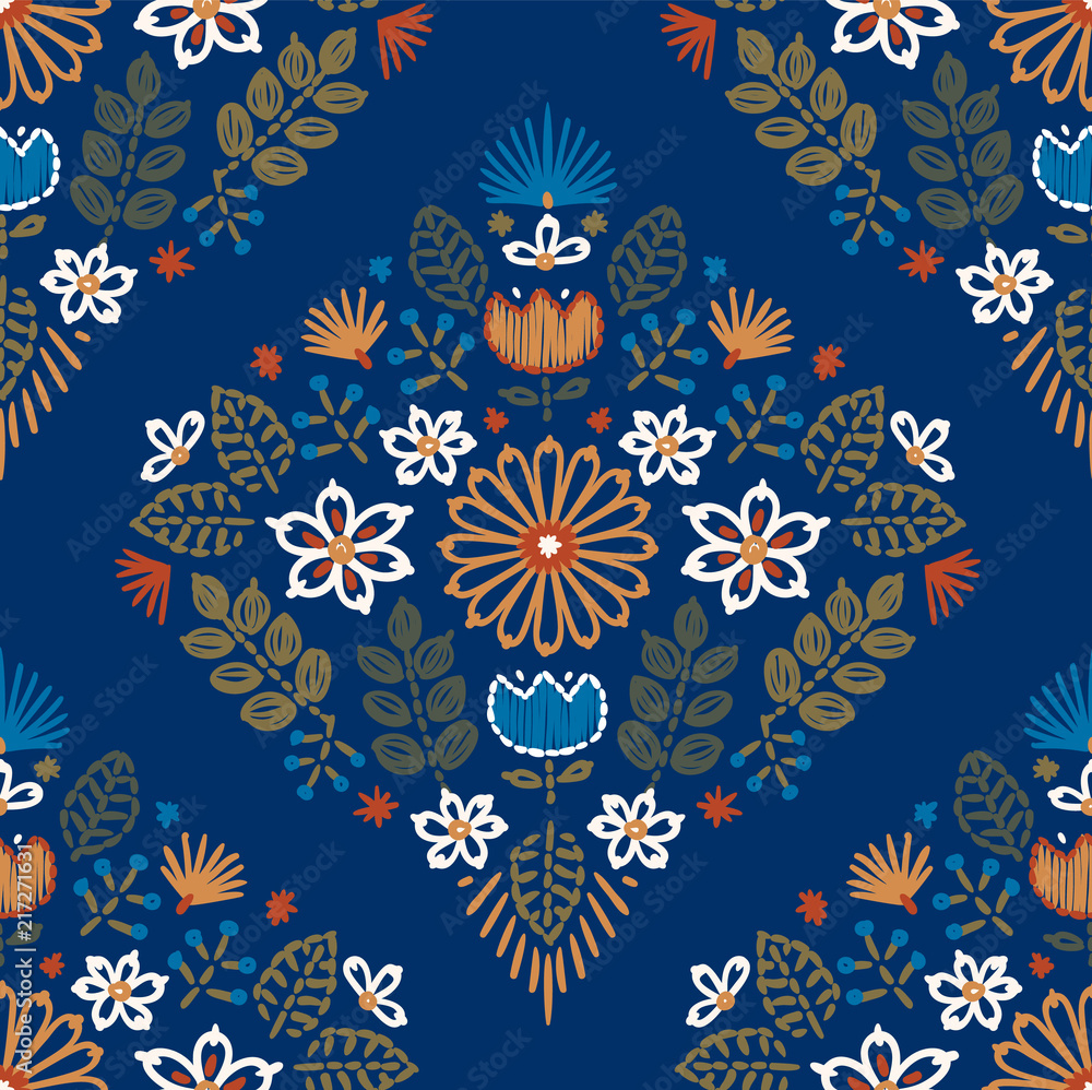 Vector seamless embroidery pattern, decorative textile ornament, pillow or bandana decor. Bohemian handmade style background design.