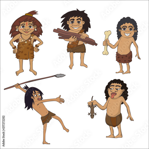 cartoon set of stone age kids characters