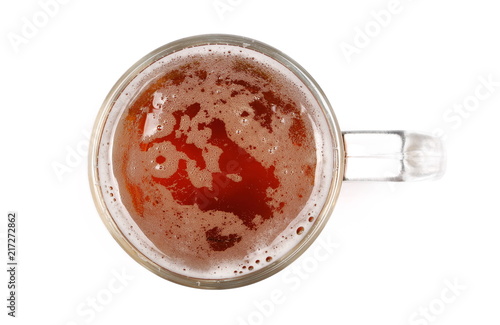 Mug of beer with bubble, glass isolated on white, top view