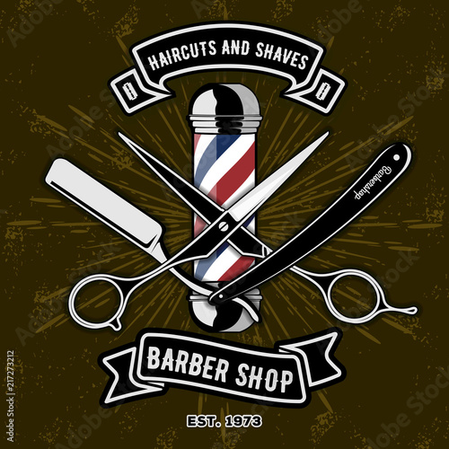 Barber Shop Logo with barber pole in vintage style. Vector template