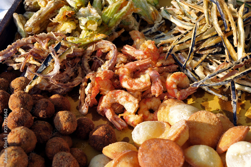 Fried food. Vegetables and shrimps Fried food. Vegetables and shrimps