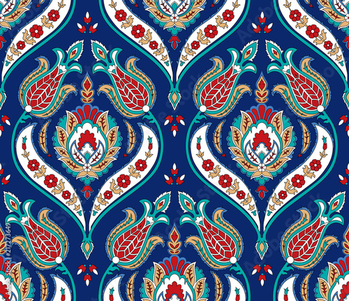 Vector seamless colorful pattern in turkish style. Vintage decorative background. Hand drawn ornament. Islam, Arabic, ottoman motifs. Wallpaper, fabric, wrapping paper print.  photo