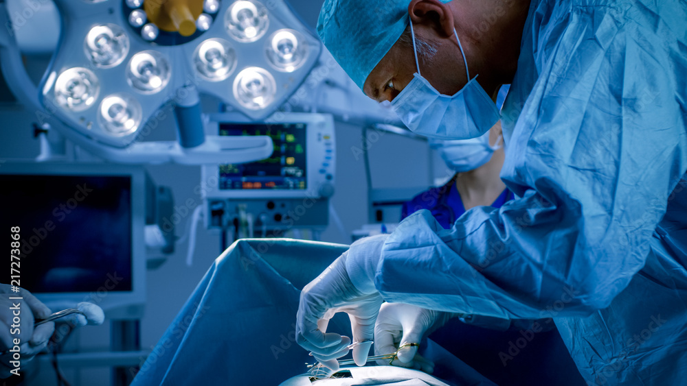 In the Hospital Operating Room Diverse Team of Professional Surgeons and Nurses Suture Wound after Successful Surgery. In the Hospital Operating Room Diverse Team of Professional Surgeons and Nurses Suture Wound after Successful Surgery.