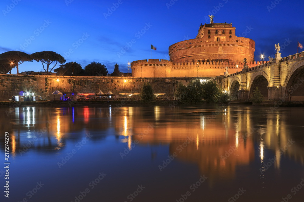 Castel Santangelo in Rome reflected on the Tiber River at sunset