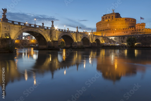 Castel Santangelo in Rome reflected on the Tiber River at sunset