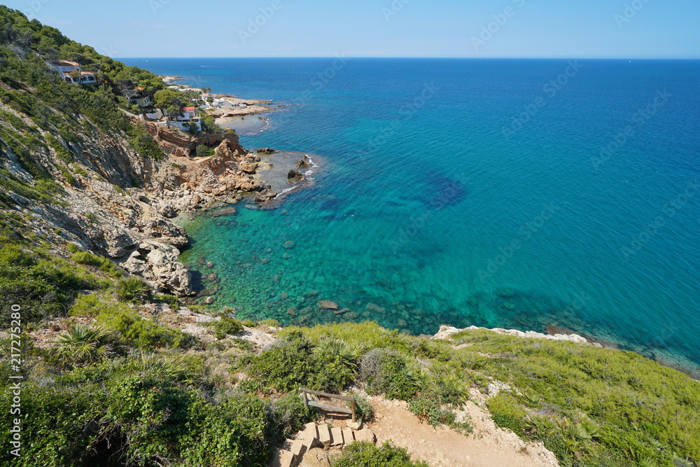 Coastal landscape near Les Rotes in Denia and partial view of the marine reserve del Cabo de San Antonio, Mediterranean sea, Alicante, Costa Blanca, Spain