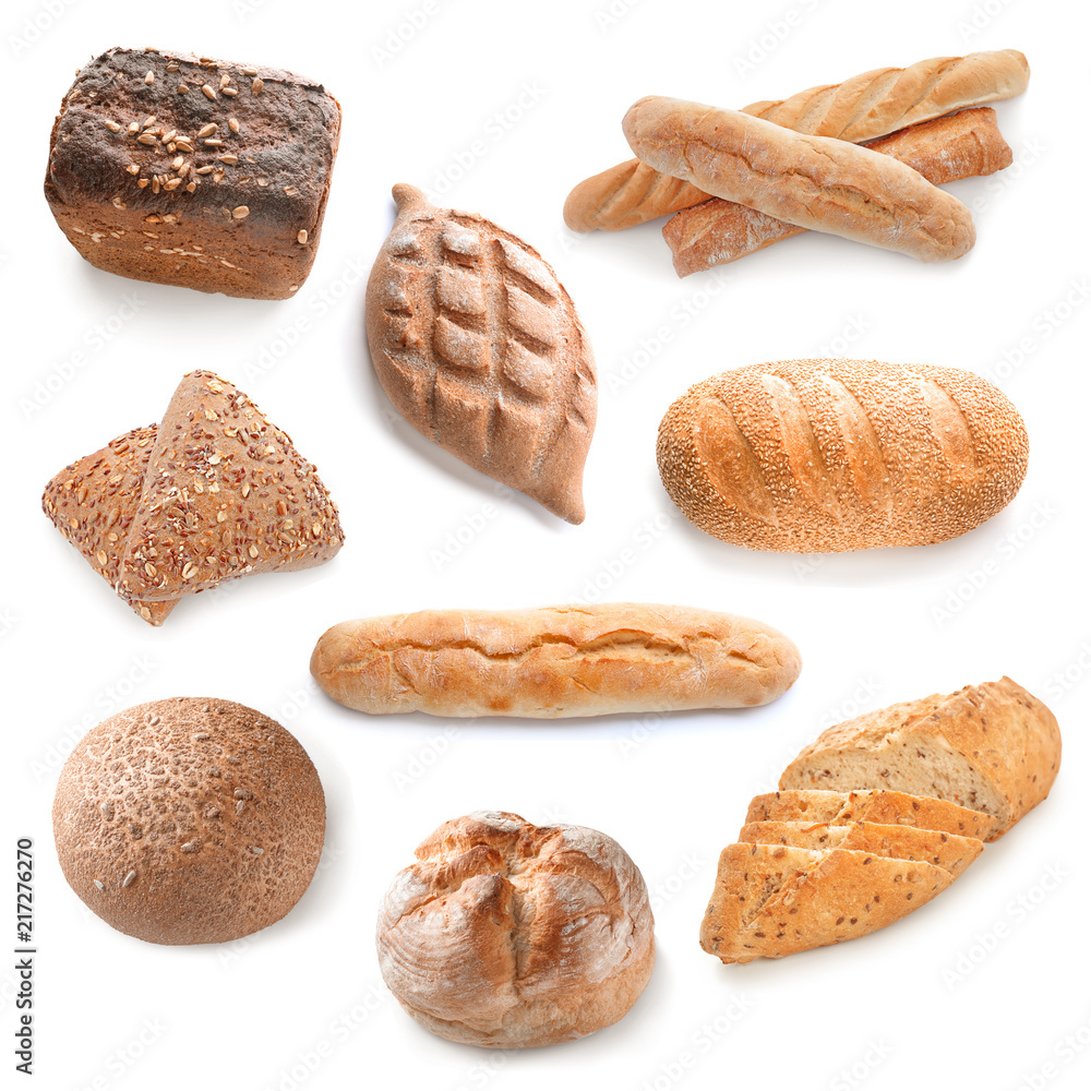 Different tasty fresh bread on white background