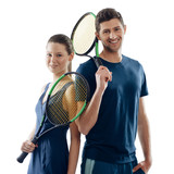 Happy tennis players on white. Woman and man holding racquets and showing enjoyment of game they had.
