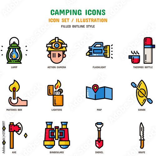 Camping Icon Set, 12 icons for web design and vector illustration
