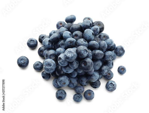 Ripe blueberries on white background