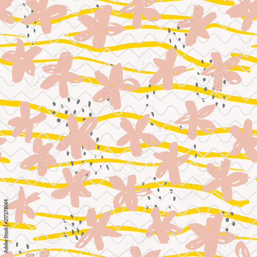 Marker flowers, dashes and stripes vector seamless pattern. Floral background in primitive, childish doodle style.