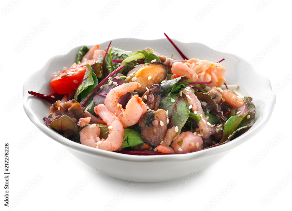 Bowl of delicious vegetable salad with seafood on white background Bowl of delicious vegetable salad with seafood on white background